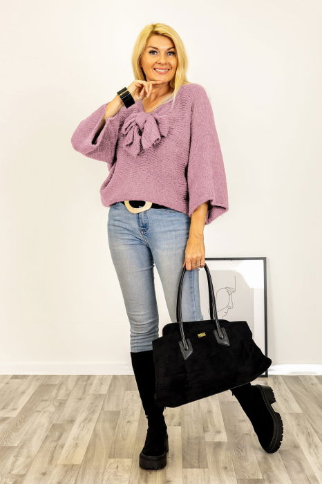 Pulover reversibil roz prafuit, oversize cu funda si maneca fluture [2]