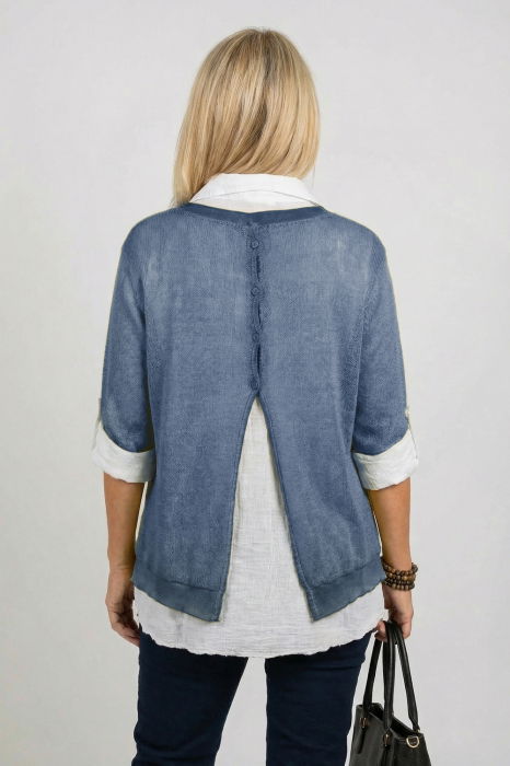 Pulover si camasa trei in unu, cu tricotaj lana si mohair, camasa din bumbac si esarfa cu franjuri dantelati, albastru jeans [2]