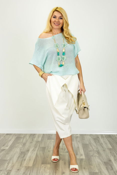 Bluza din bumbac tricotat cu maneca scurta kimono, verde menta [3]