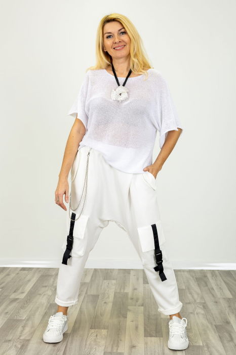 Bluza din bumbac tricotat cu maneca scurta kimono, alb [3]