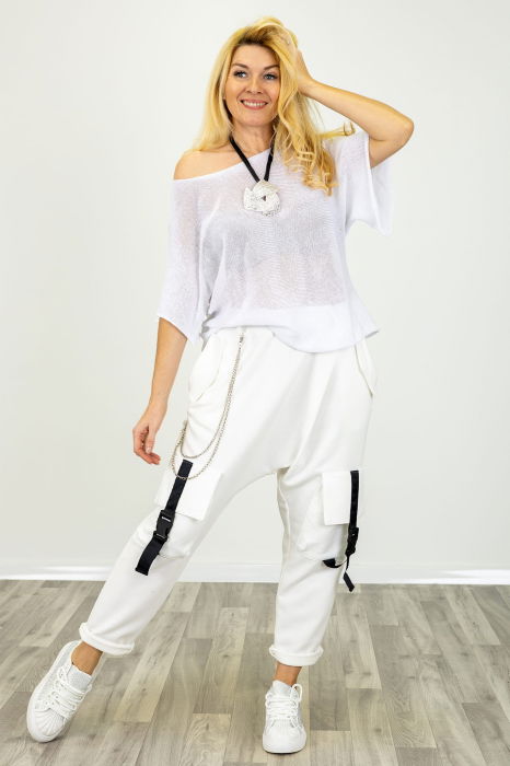 Bluza din bumbac tricotat cu maneca scurta kimono, alb [2]