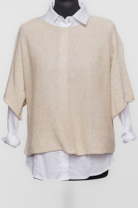 Pulover subtire si versatil cu maneca cazuta din bumbac, bej [4]