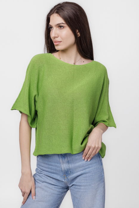 Bluza din bumbac tricotat cu maneca scurta kimono, verde oliv [2]