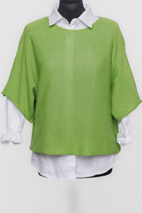 Bluza din bumbac tricotat cu maneca scurta kimono, verde oliv [4]