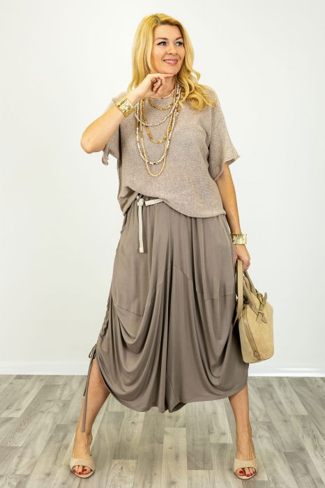 Bluza din bumbac tricotat cu maneca scurta kimono, bej inchis [2]