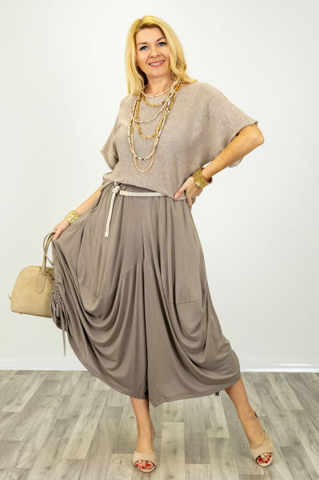 Bluza din bumbac tricotat cu maneca scurta kimono, bej inchis [3]