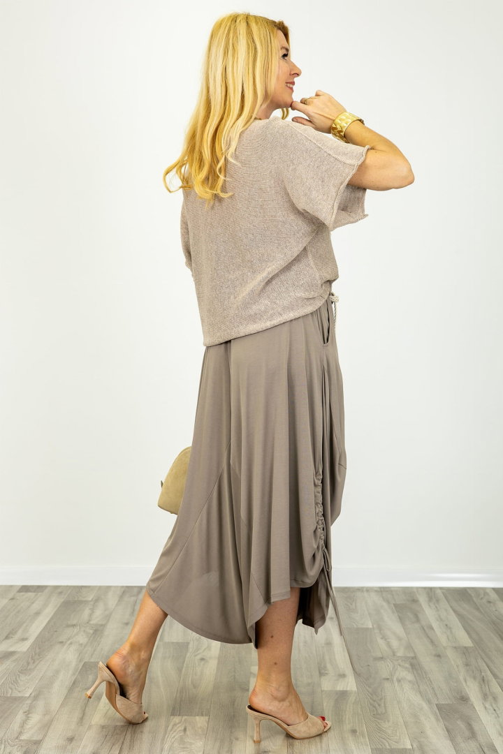 Bluza din bumbac tricotat cu maneca scurta kimono, bej inchis [4]