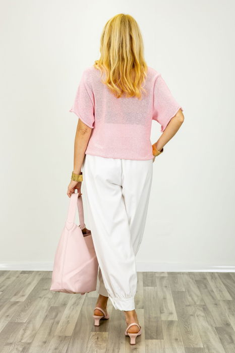 Bluza din bumbac tricotat cu maneca scurta kimono, roz pal [5]