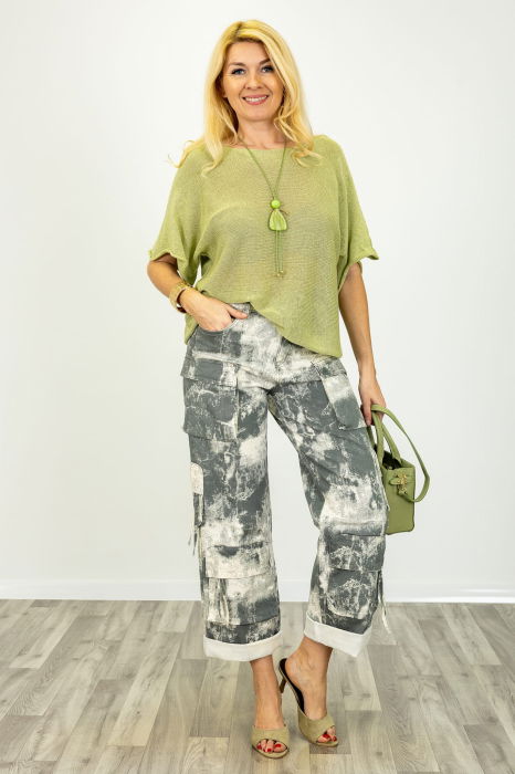 Bluza din bumbac tricotat cu maneca scurta kimono, verde olive deschis [3]