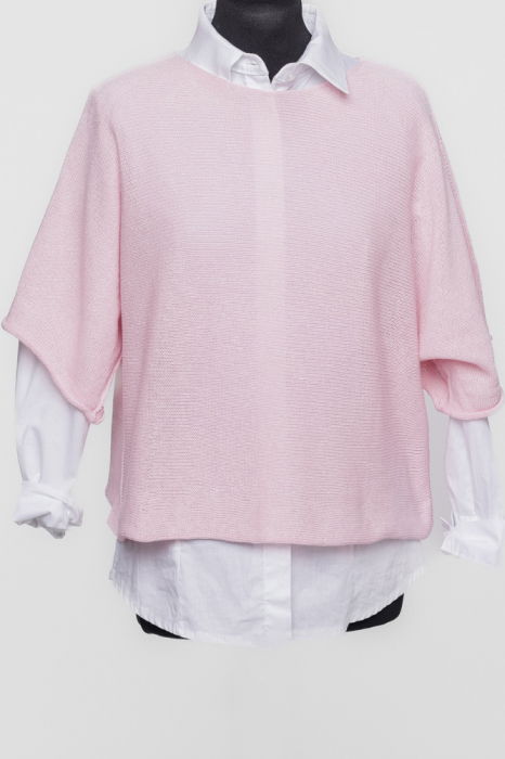 Bluza din bumbac tricotat cu maneca scurta kimono, roz pal [6]