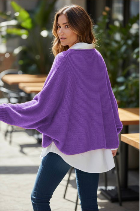 Pulover tip poncho petrecut asimetric, cu lana, mov [3]