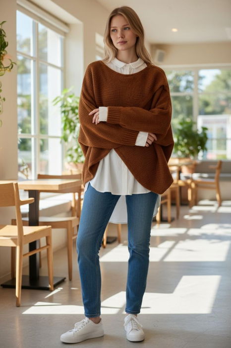 Pulover tip poncho petrecut asimetric, cu lana, caramiziu [3]