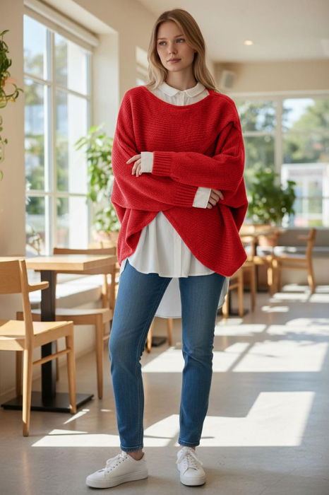 Pulover tip poncho petrecut asimetric, cu lana, rosu [2]