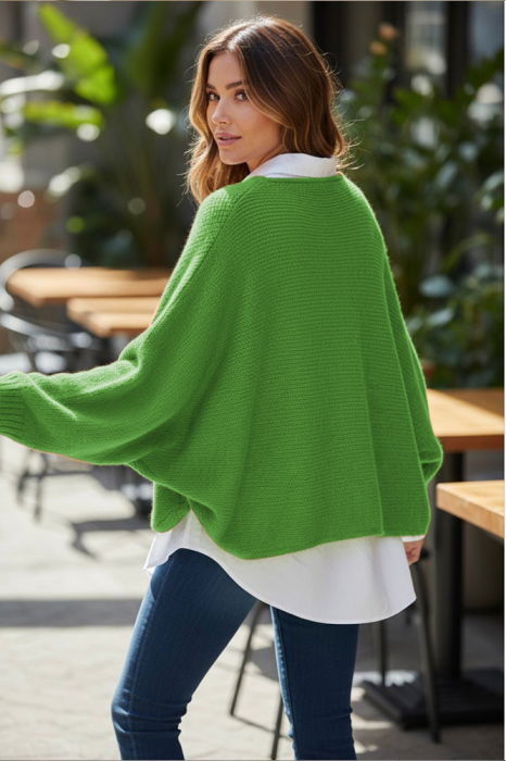 Pulover tip poncho petrecut asimetric, cu lana, verde praz [3]