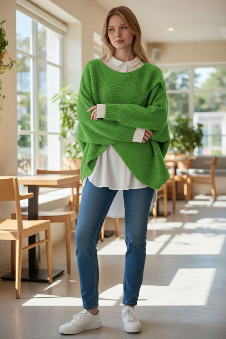 Pulover tip poncho petrecut asimetric, cu lana, verde praz [2]