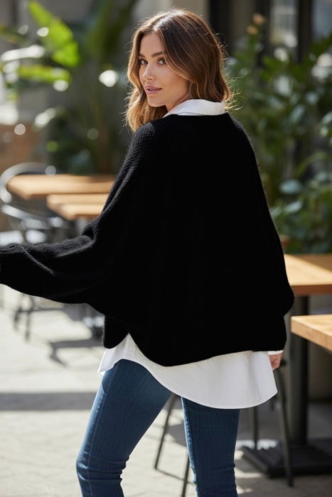 Pulover tip poncho petrecut asimetric, cu lana, negru [2]