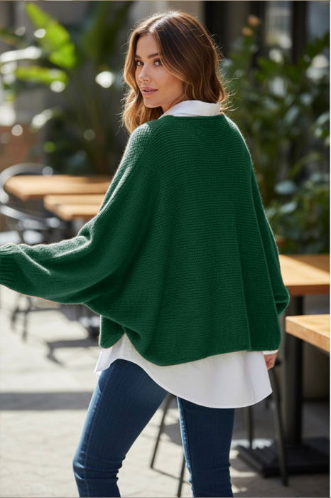 Pulover tip poncho petrecut asimetric, cu lana, verde inchis [3]
