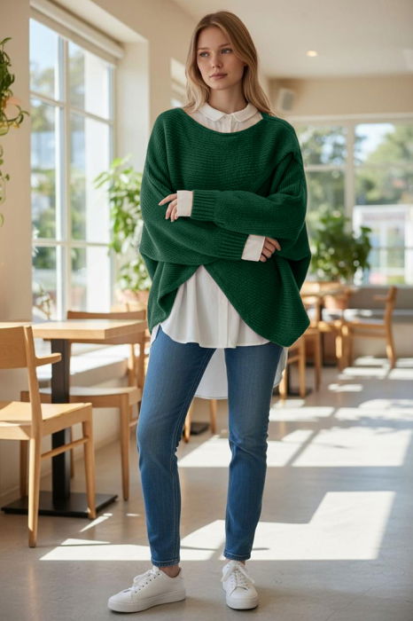 Pulover tip poncho petrecut asimetric, cu lana, verde inchis [2]