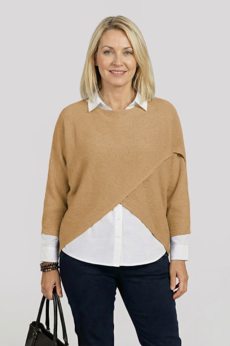 Pulover tip poncho petrecut asimetric, camel [1]