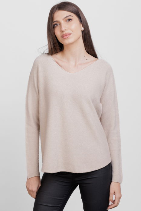 Pulover versatil cu decolteu V, din vascoza, bej [2]