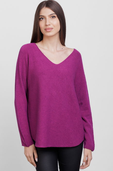 Pulover versatil cu decolteu V, din vascoza, magenta [2]