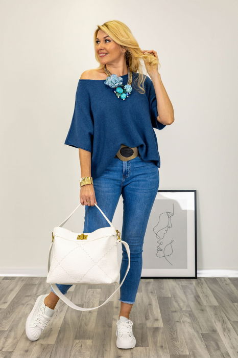 Pulover versatil cu maneca fluture din vascoza, bleumarin [2]