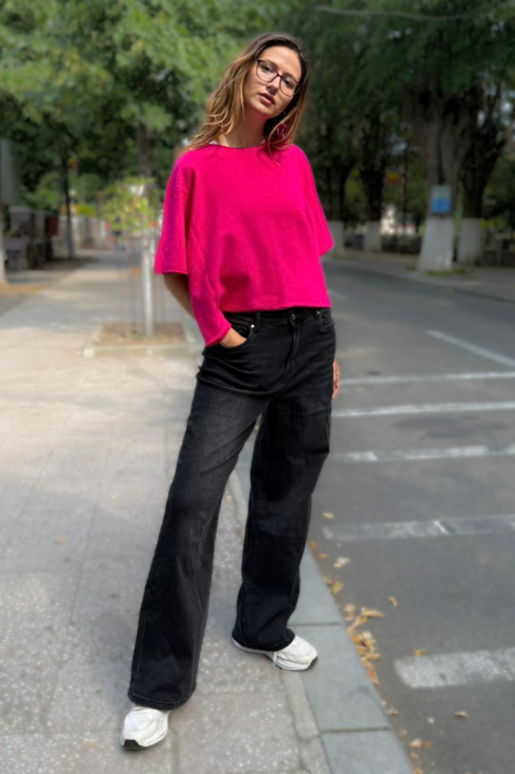 Pulover versatil cu maneca fluture din vascoza, fucsia [2]