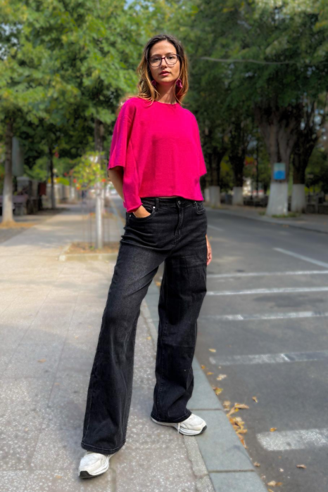 Pulover versatil cu maneca fluture din vascoza, fucsia [3]