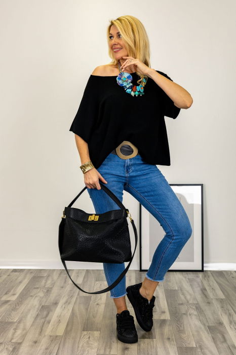 Pulover versatil cu maneca fluture din vascoza, negru [2]