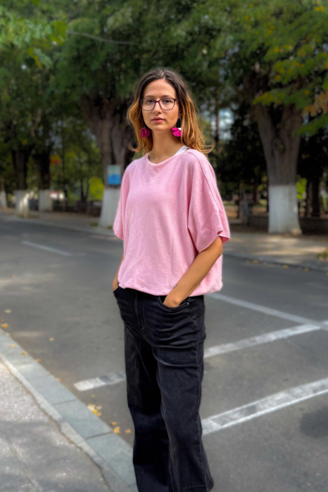 Pulover versatil cu maneca fluture din vascoza, roz [2]