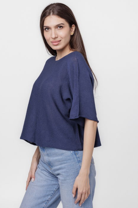 Pulover subtire si versatil cu maneca cazuta din bumbac, bleumarin [2]