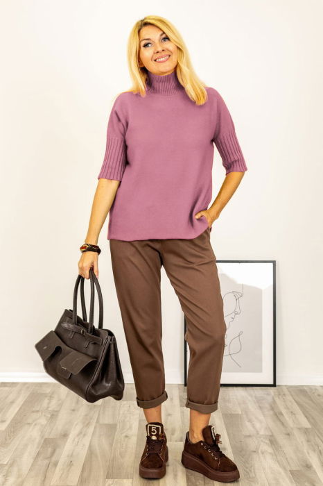 Pulover versatil cu maneci scurte ribbed si guler inalt, din vascoza, roz inchis [3]