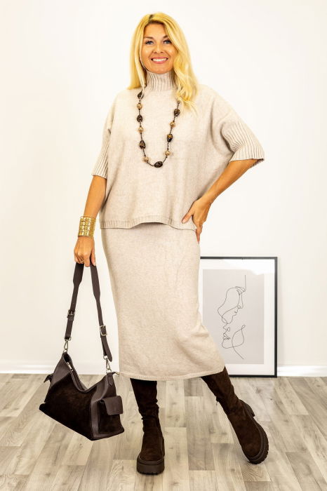 Pulover versatil cu maneci scurte ribbed si guler inalt, din vascoza, bej [2]