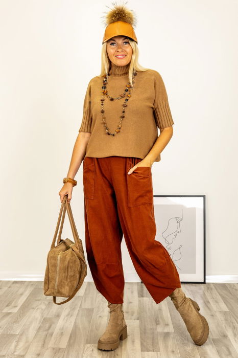 Pulover versatil cu maneci scurte ribbed si guler inalt, din vascoza, camel [2]