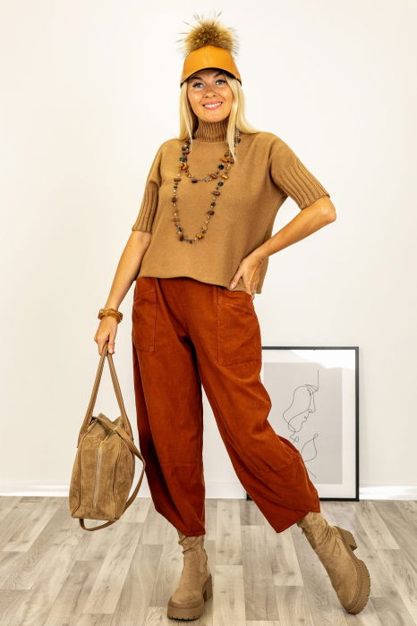 Pulover versatil cu maneci scurte ribbed si guler inalt, din vascoza, camel [4]