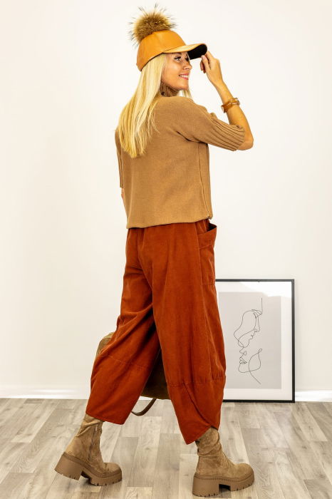 Pulover versatil cu maneci scurte ribbed si guler inalt, din vascoza, camel [3]