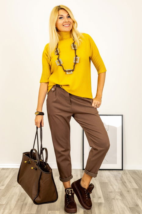 Pulover versatil cu maneci scurte ribbed si guler inalt, din vascoza, galben [2]