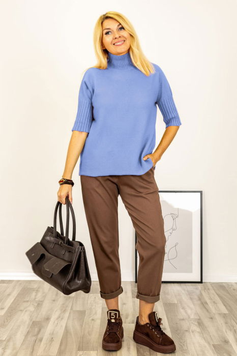 Pulover versatil cu maneci scurte ribbed si guler inalt, din vascoza, bleu lavanda [3]