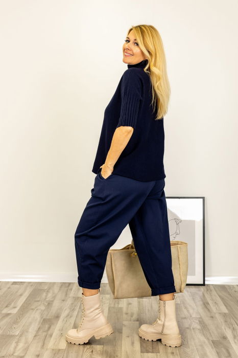 Pulover versatil cu maneci scurte ribbed si guler inalt, din vascoza, bleumarin [2]