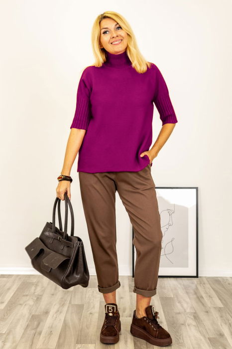 Pulover versatil cu maneci scurte ribbed si guler inalt, din vascoza, magenta [3]