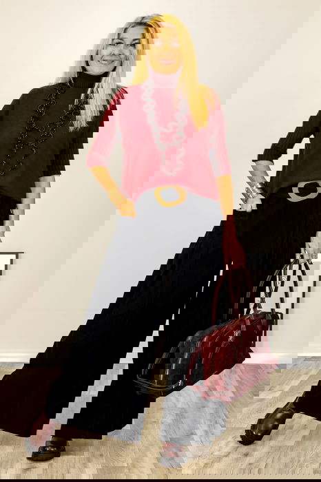 Pulover versatil cu maneci scurte ribbed si guler inalt, din vascoza, bordo [2]