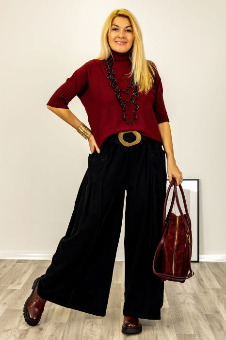 Pulover versatil cu maneci scurte ribbed si guler inalt, din vascoza, bordo [4]