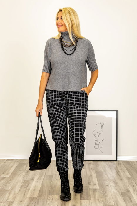 Pulover versatil cu maneci scurte ribbed si guler inalt, din vascoza, gri [3]