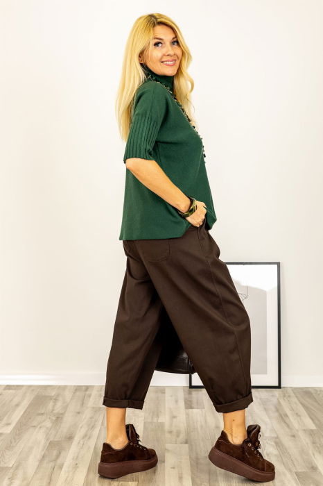 Pulover versatil cu maneci scurte ribbed si guler inalt, din vascoza, verde inchis [3]