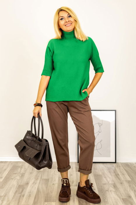 Pulover versatil cu maneci scurte ribbed si guler inalt, din vascoza, verde [3]