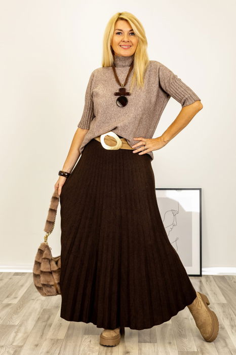 Pulover versatil cu maneci scurte ribbed si guler inalt, din vascoza, bej inchis [2]