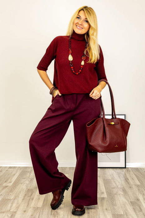 Pulover versatil cu maneci scurte ribbed si guler inalt, din vascoza, bordo [6]