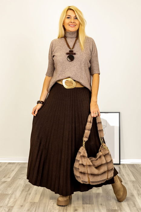 Pulover versatil cu maneci scurte ribbed si guler inalt, din vascoza, bej inchis [5]