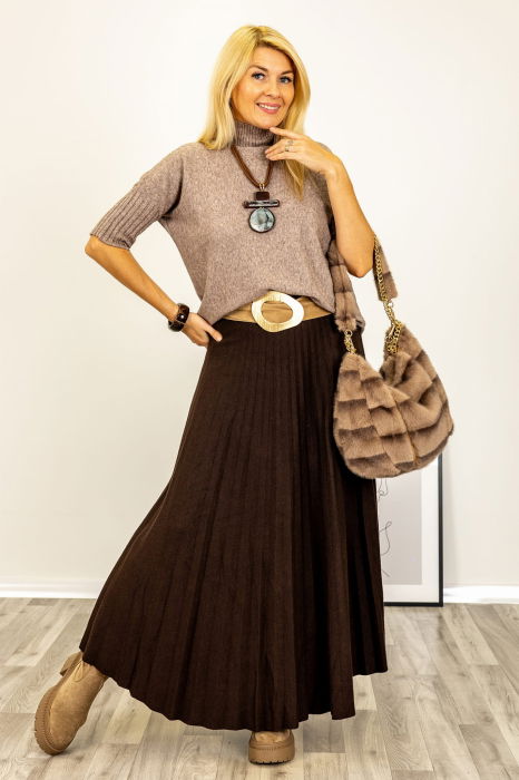 Pulover versatil cu maneci scurte ribbed si guler inalt, din vascoza, bej inchis [4]