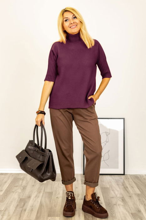 Pulover versatil cu maneci scurte ribbed si guler inalt, din vascoza, visiniu [3]
